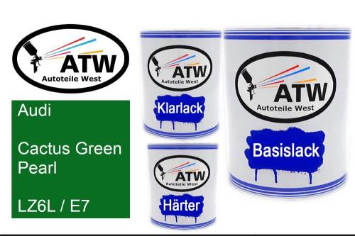 Audi, Cactus Green Pearl, LZ6L / E7: 1L Lackdose + 1L Klarlack + 500ml Härter - Set, von ATW Autoteile West.